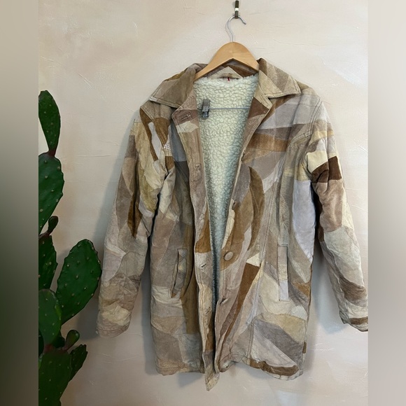 vintage patchwork leather shearling jacket, Suade 90s Scandinavian - Picture 1 of 6